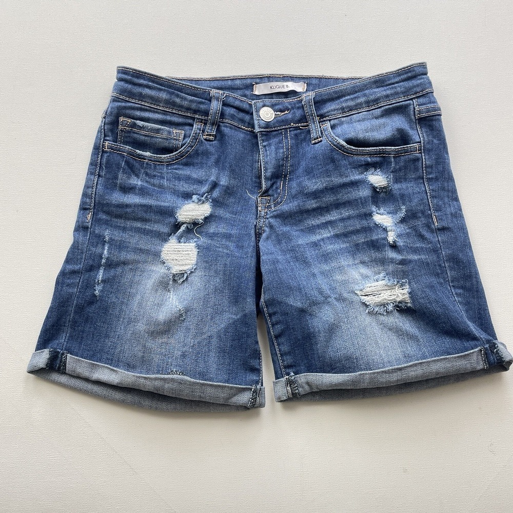 Klique B Women's Size 26 Blue Denim Shorts Distressed Cuffed Low Rise Stretch